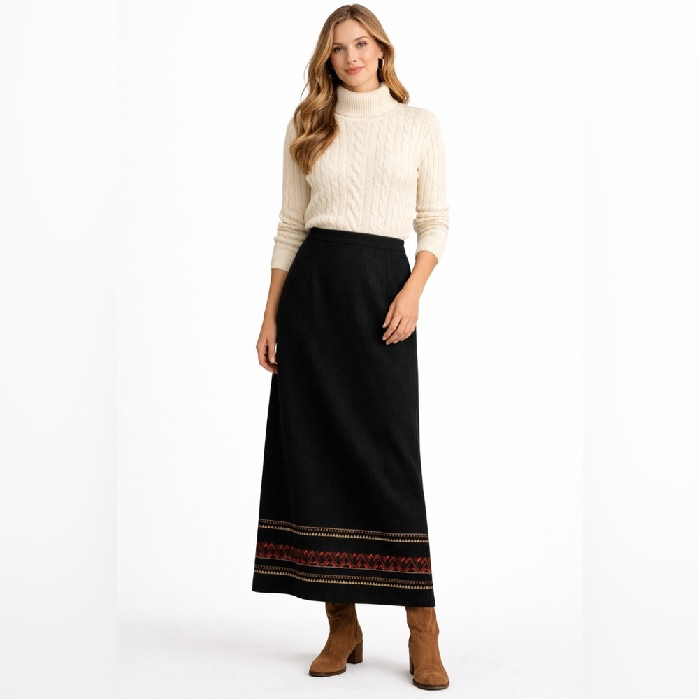Vintage Leslie Fay Wool Blend Maxi Skirt Southwestern Tribal Aztec Trim Size 10